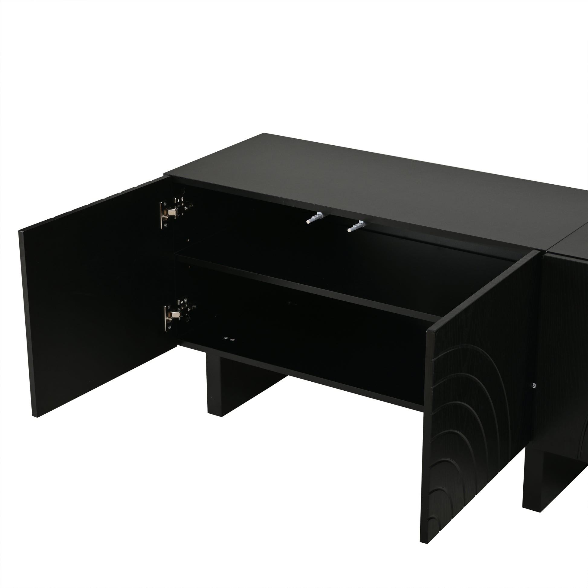 180 × 40 × 55 cm Schwarzes TV-Bank aus Spanplatte, Modernes Lowboard mit Struktur für Wohnzimmer,Fernsehschrank mit 4 Türen, TV-Halterung, Aufbewahrungsschrank.Geeignet für 75-Zoll-Fernseher