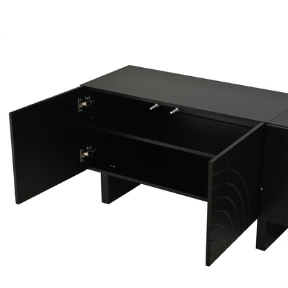 180 × 40 × 55 cm Schwarzes TV-Bank aus Spanplatte, Modernes Lowboard mit Struktur für Wohnzimmer,Fernsehschrank mit 4 Türen, TV-Halterung, Aufbewahrungsschrank.Geeignet für 75-Zoll-Fernseher