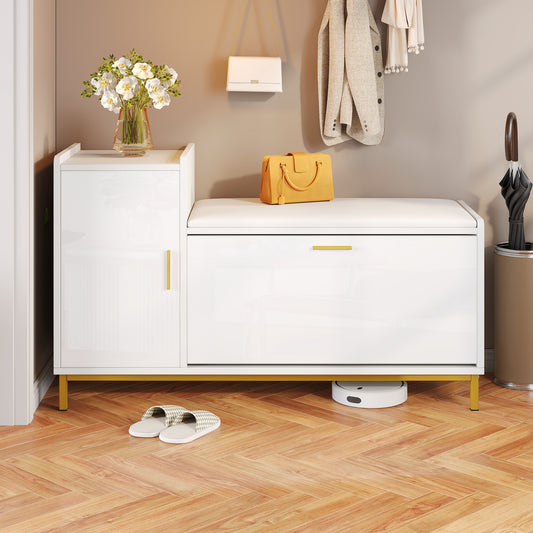 100*38*68cm Schuhschrank Schuhregal mit 2 Fächern 1 Schrank, Hochglanz Schuhbänke Sitzbänke mit gepolsterter und Stauraum, metallfüße,Geeignet für Wohnzimmer, Flur, Büro, Weiß + Gold