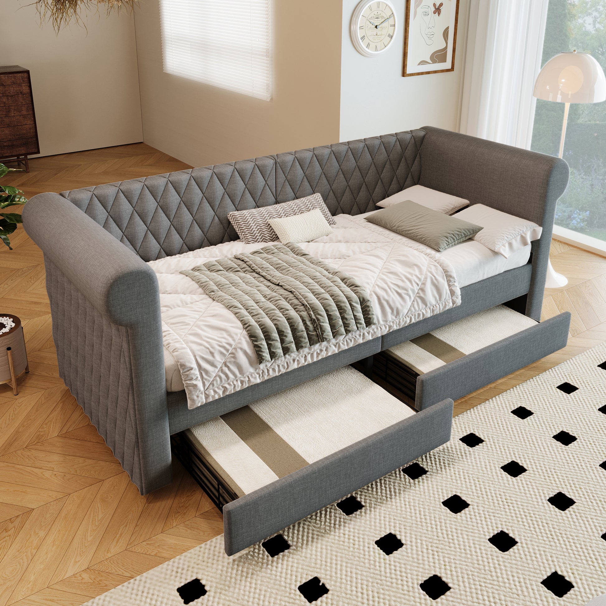 Gigab2b original image - Vintage Kopfteil Polsterbett Sofabett 90x200 cm, Schlafsofa Tagesbett mit 2 Stauraum Schubladen, kinderbett Jugendbett Bettgestell mit Lattenrost aus Holz, Linen, Grau(Ohne Matratze)
