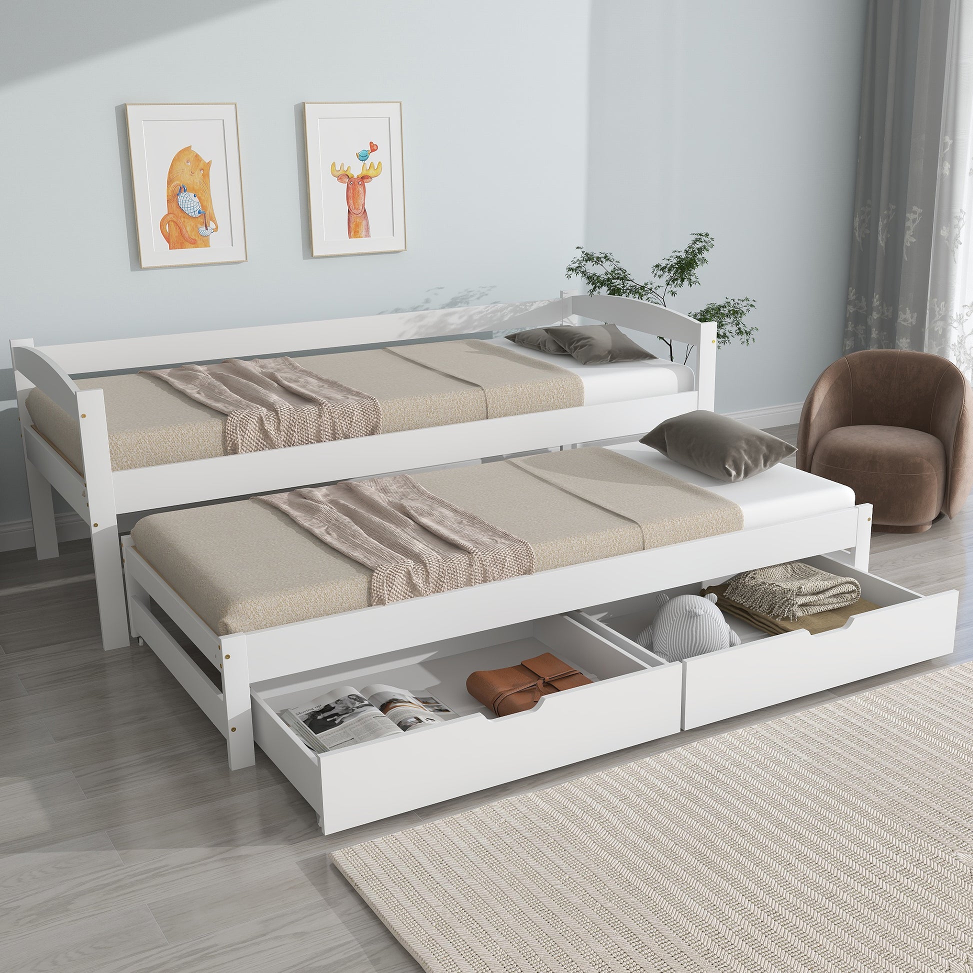Gigab2b original image - [29596364WAA] Tagesbett, Einzel- und Doppelbett, Schiebebett mit Rollen unten, mit 2 MDF-Schubladen, Massivholzrahmen, weiß (200x90cm/190x90cm)