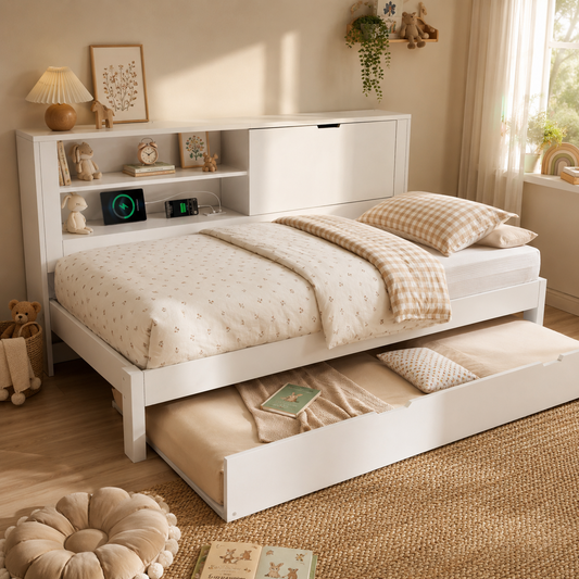 Gigab2b original image - Schlafsofa Einzelbett 90×200 cm mit Ausziehbett 90×190, weißes Bettgestell mit Stauraum‑Rückwand, offenes Fach, verdeckter Klapp‑Stauraum, USB/USB‑C Ladestation, Lattenrost, Ohne Matratze