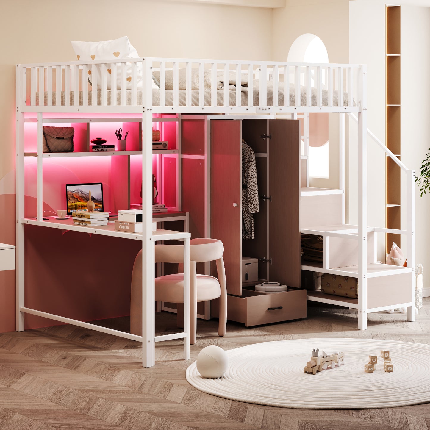 Gigab2b original image - Metall-Hochbett 140 x 200 cm Mit Schreibtisch, Regal, Kleiderschrank und Schubladen, Mit Aufbewahrungsleiter und Sicherheitsgeländer, Komplett Mit Ladebuchse und LED-Beleuchtung, Metallrahmen, Weiß