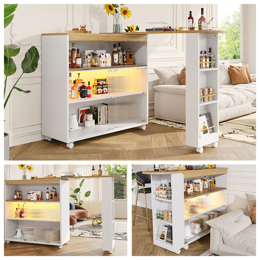 Ausziehbarer Bartisch mit Stauraum , Moderner Beweglicher Bar Table, Teleskopischer Bartisch mit LED, Stehtisch Bistrotisch  Hochtisch Kücheninsel  Bistro Table,Großer Stauraum,Weiß(138-204×39×105cm)