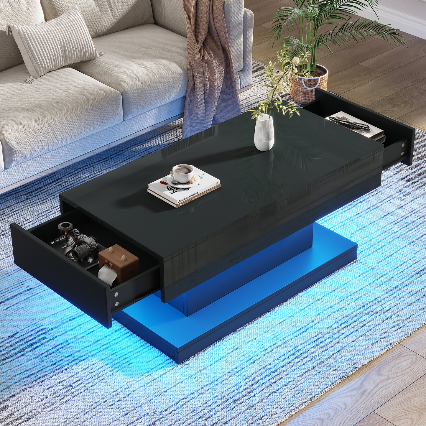 100*50*45cm Couchtisch, Wohnzimmertisch mit 2 Schubladen, Hochglanz Beistelltisch,kaffeetisch mit LED-Lichtleiste,Schwarzer Teetisch im schlichten Design
