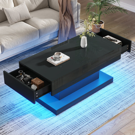 100*50*45cm Couchtisch, Wohnzimmertisch mit 2 Schubladen, Hochglanz Beistelltisch,kaffeetisch mit LED-Lichtleiste,Schwarzer Teetisch im schlichten Design
