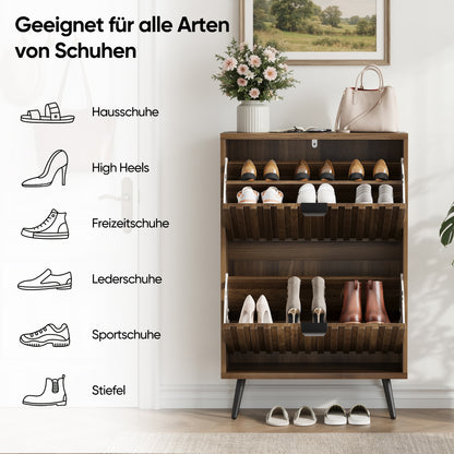60 cm Schuhschrank aus Walnussholz – Freistehende Schuhaufbewahrung im Mid-Century-Modern-Stil mit zwei Klappfächern und gerilltem Design – Ideal für Flure und Eingangsbereiche
