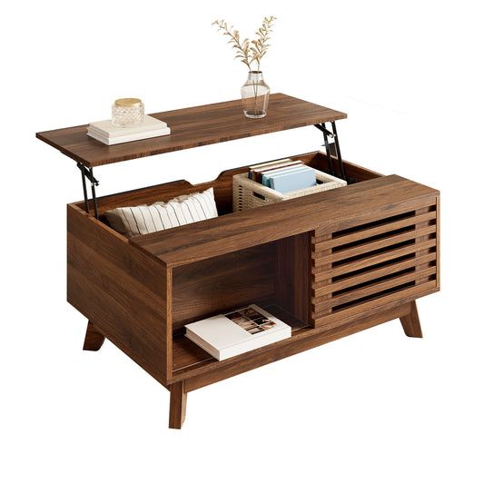 Couchtisch Modern Retro, höhenverstellbare Tischplatte, verschiebbare Jalousietür, Walnuss-Optik, MDF-Korpus, multifunktionaler Wohnzimmertisch