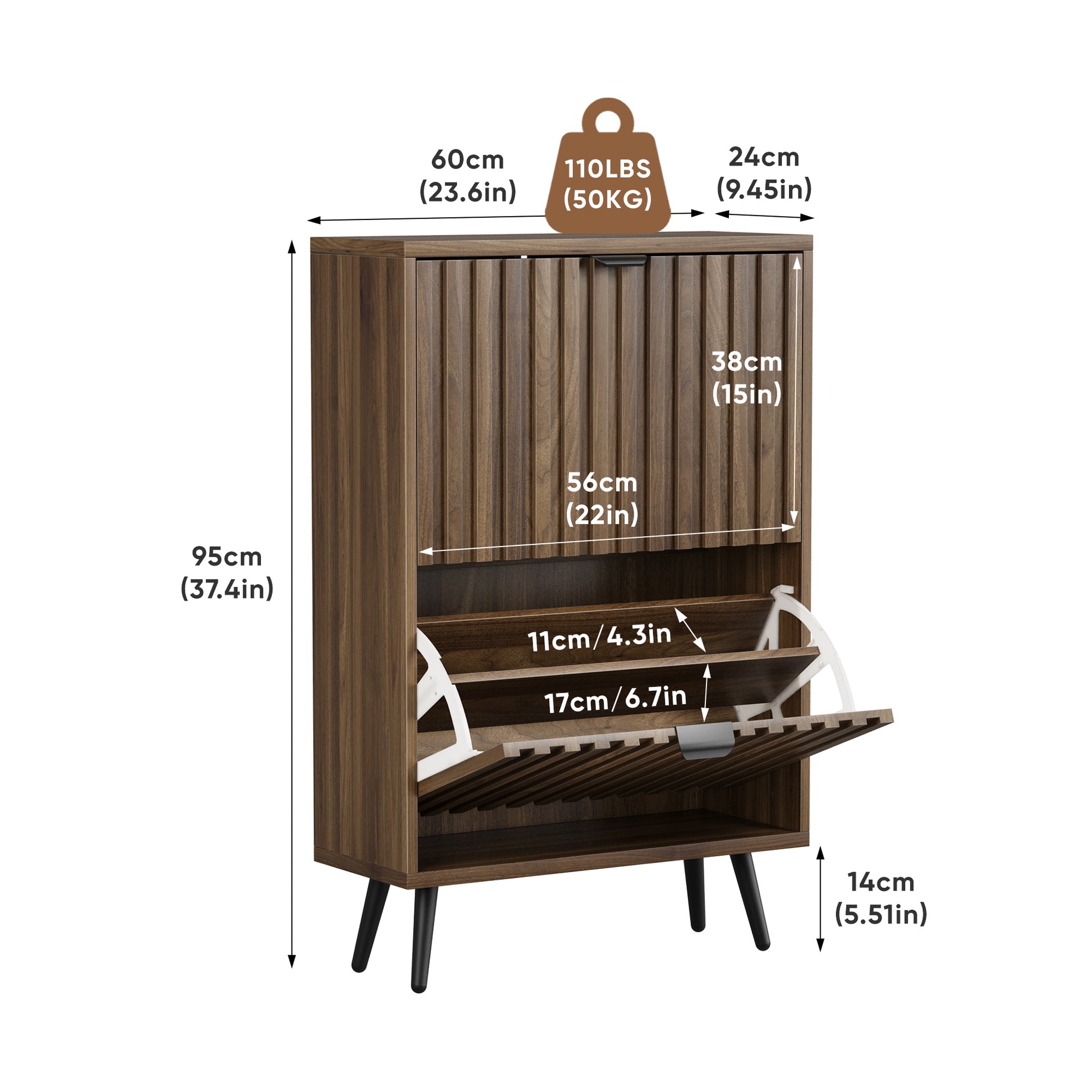 60 cm Schuhschrank aus Walnussholz – Freistehende Schuhaufbewahrung im Mid-Century-Modern-Stil mit zwei Klappfächern und gerilltem Design – Ideal für Flure und Eingangsbereiche