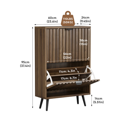 60 cm Schuhschrank aus Walnussholz – Freistehende Schuhaufbewahrung im Mid-Century-Modern-Stil mit zwei Klappfächern und gerilltem Design – Ideal für Flure und Eingangsbereiche