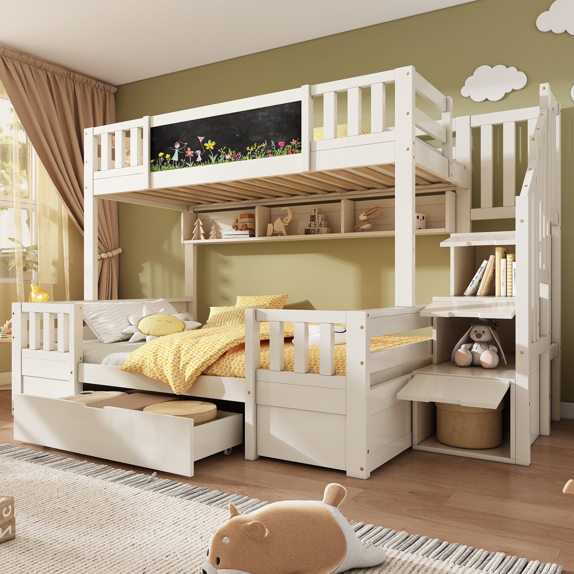 Gigab2b original image - Etagenbett für 3 Kinder 90x200 & 140x200 aus Massivholz mit Kreidetafel, Stauraum-Treppe, Schubladen und Leiterschrank, stabiles Hochbett/Stockbett Jugendbett, Weiß