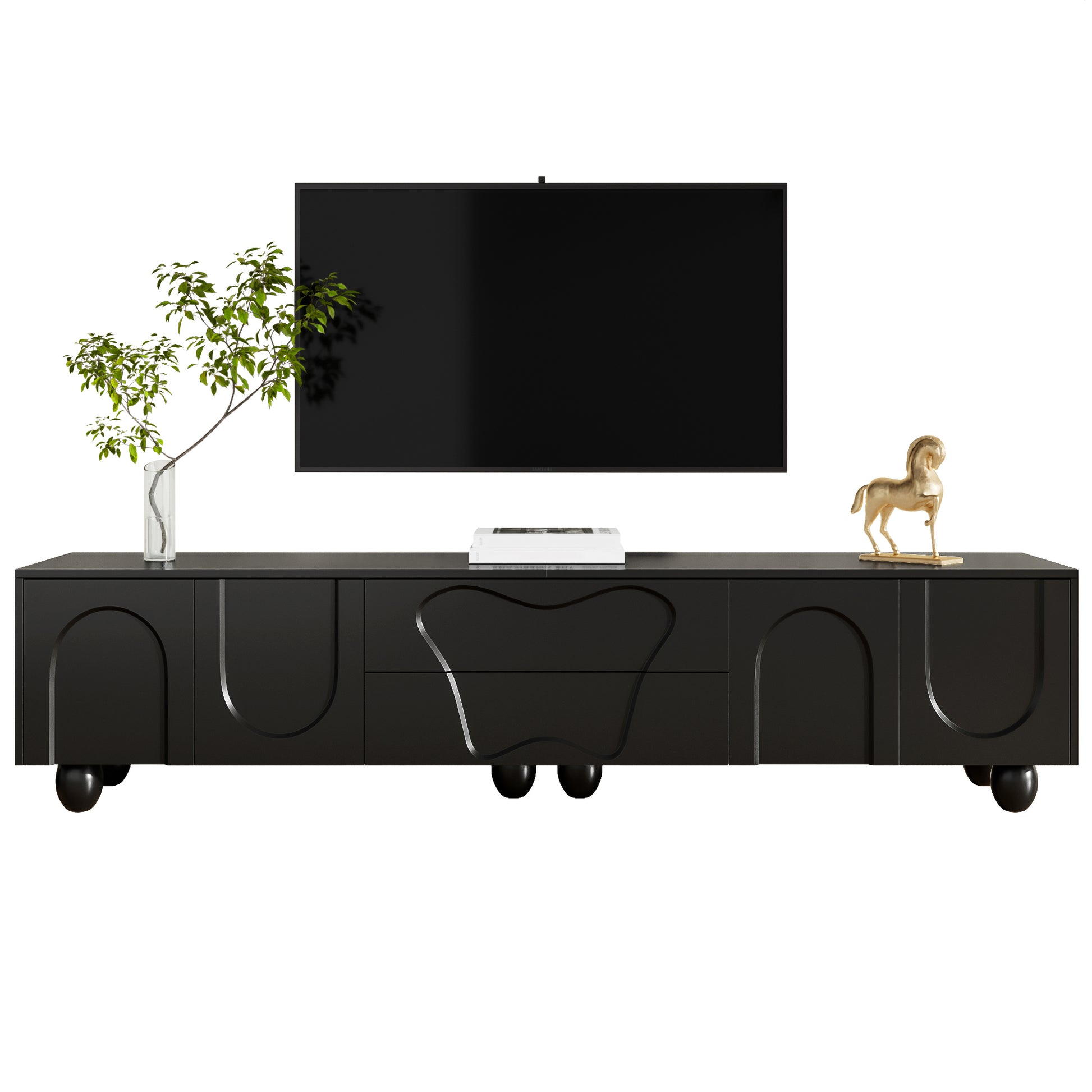 180 cm schwarzer TV-Schrank mit Holzbeinen – Ein minimalistischer und eleganter TV-Schrank mit viel Stauraum, einzigartigem Design und flexiblen Aufbewahrungsmöglichkeiten für ein stilvolles Wohnzimme