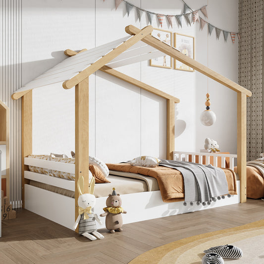 Gigab2b original image - Holzbetten, Kinderbett, Einzelbett, Exquisites Holzhausdesign, Stabile Lattenroste, Schlichtes Design, Kiefer + Spanplatte +MDF,  Weiß+Natur, 90x190cm