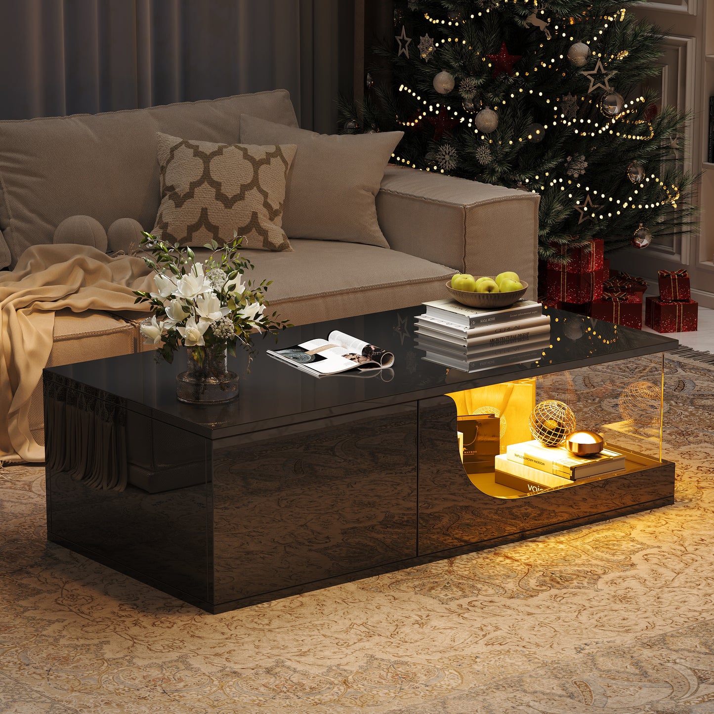 100*50*30cm Couchtisch,Sofatisch mit 2 Schubladen, Hochglanz Wohnzimmer Beistelltisch, MDF Wohnzimmertisch, kaffeetisch mit LED,Tragender Tisch aus gehärtetem Glas, schwarzer Designtisch