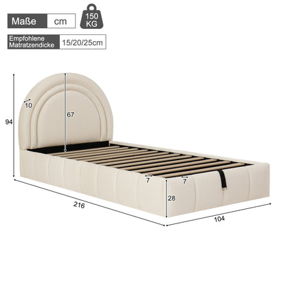 Polsterbett, Einzelbett, Kinderbett 90 x 200cm, hydraulisches Funktionsbett, Bett mit Lattenrost, Kopfteil und großem Stauraum, gepolstertes Kopfteil, samt, beige