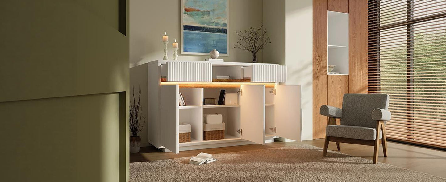 Sideboard Weiß mit LED 140x40x85 cm, Kommode mit 2 Schubladen und 3 Türen, Schrank mit verstellbaren Einlegeböden, moderner Wohnzimmerschrank Flur Küchenschrank