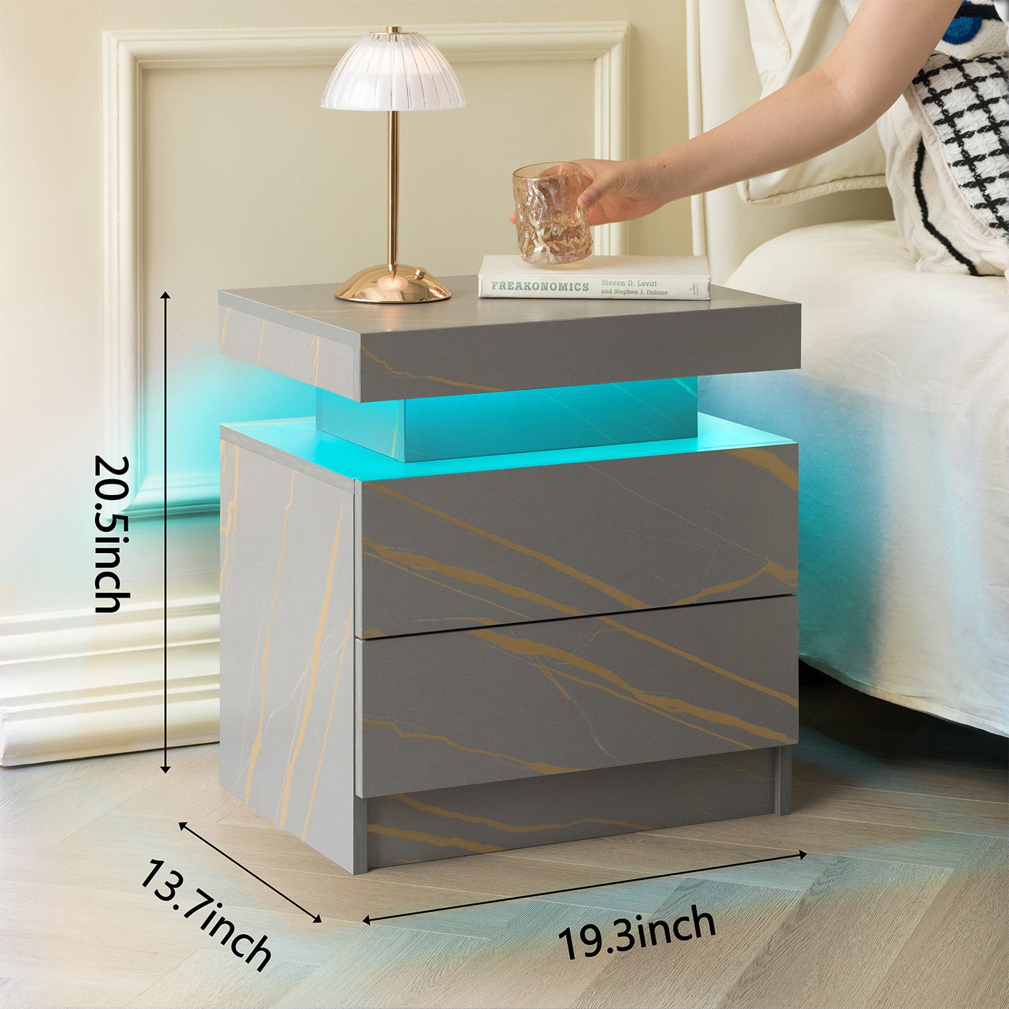 Modern LED Nightstands Set of 2 with Drawers and Cabinet Lights for Bedroom