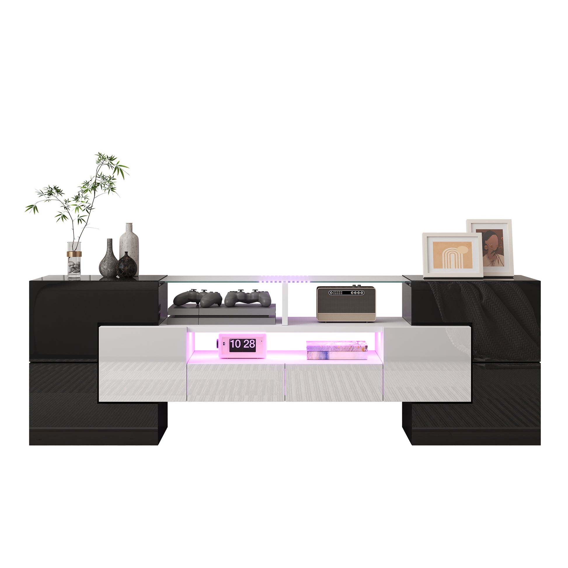 Gigab2b original image - Stilvoller TV-Schrank, Lowboard. hochglänzendes Weiß, 145 cm, LED-Beleuchtung, Wohnzimmermöbel.  modernes Design. elegante Glasoberfläche.