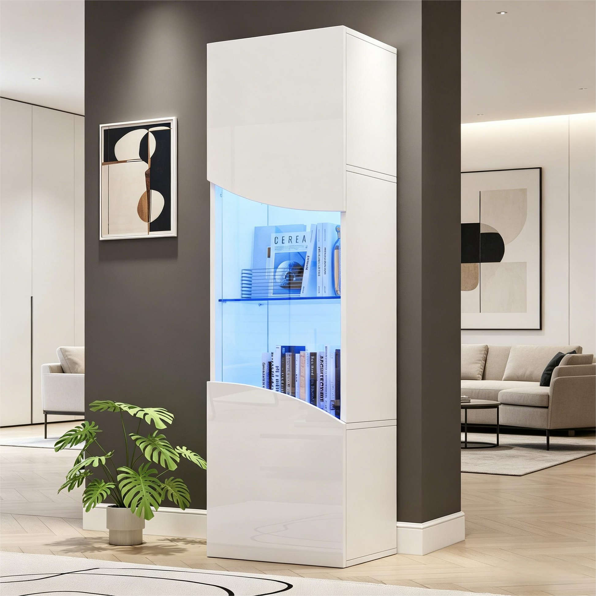 35*50*165cm Wohnzimmer-Vitrinenschrank,Hochglänzender Vitrinenschrank (Schranktüren), hoher Schrank mit großem Stauraum und LED-Beleuchtung.konkav bogenförmige Wellenoberflächengestaltung,Weiß