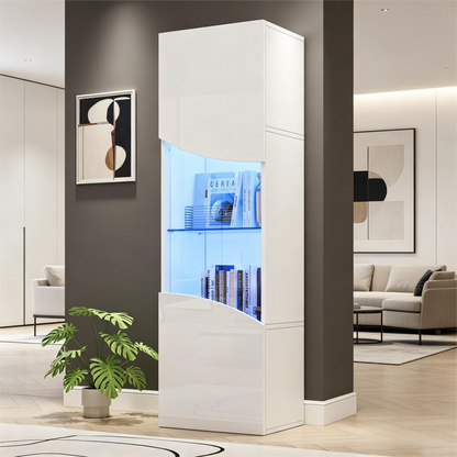 35*50*165cm Wohnzimmer-Vitrinenschrank,Hochglänzender Vitrinenschrank (Schranktüren), hoher Schrank mit großem Stauraum und LED-Beleuchtung.konkav bogenförmige Wellenoberflächengestaltung,Weiß