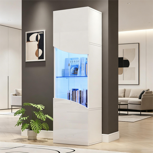 35*50*165cm Wohnzimmer-Vitrinenschrank,Hochglänzender Vitrinenschrank (Schranktüren), hoher Schrank mit großem Stauraum und LED-Beleuchtung.konkav bogenförmige Wellenoberflächengestaltung,Weiß