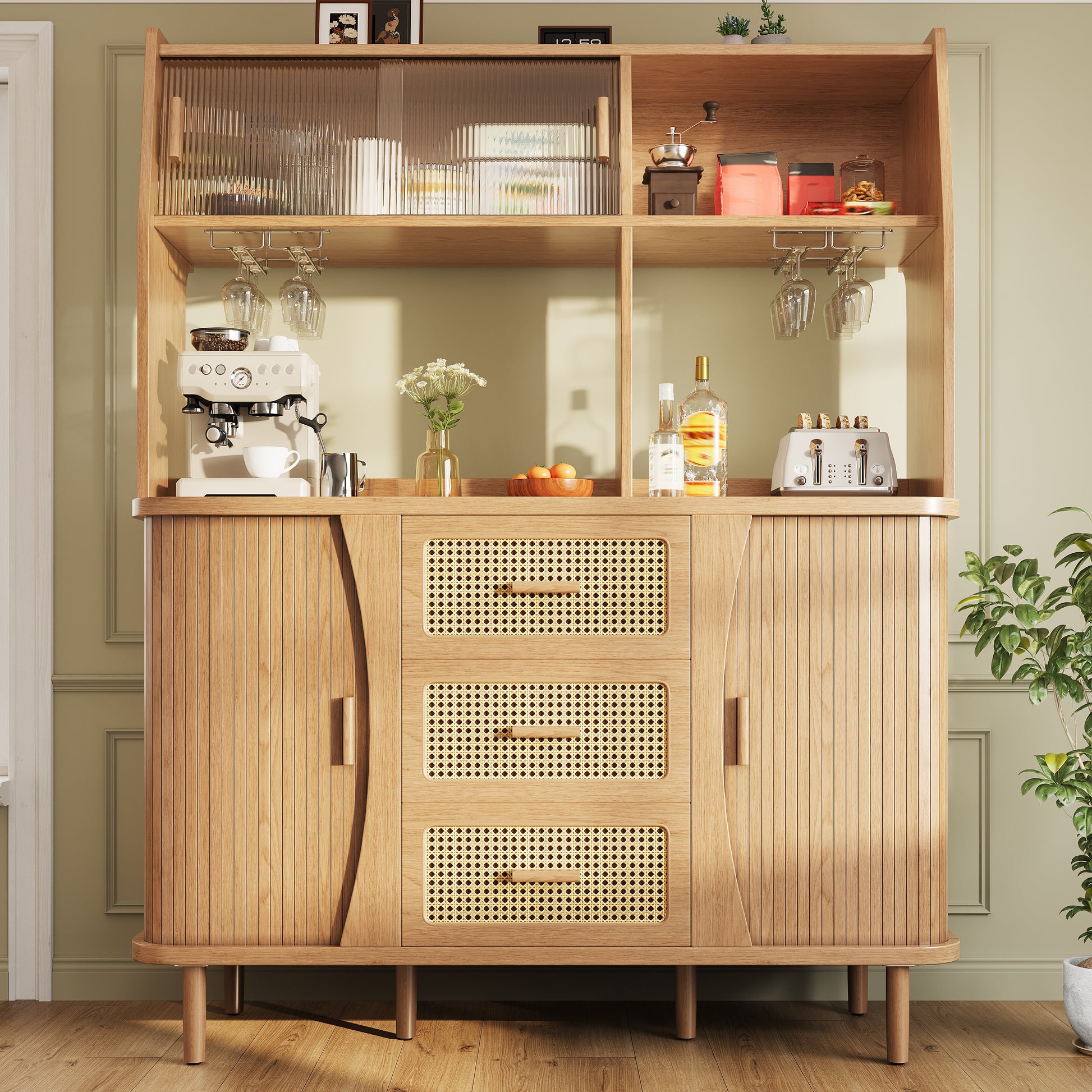 Gigab2b original image - Hochwertiger Buffetschrank mit Rattanoptik & Glasschiebetüren, 174,5cm hoher Küchenschrank mit Stauraum, Naturholz-/Nussbaum-Optik, belastbar bis 60kg