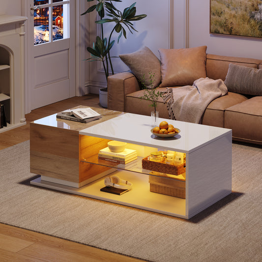 Gigab2b original image - LED Couchtisch, Hochglanz Couchtisch, Wohnzimmertischmit Beleuchtungund LED-Lichtleiste, Kaffeetisch mit Stauraum,105x50x36cm