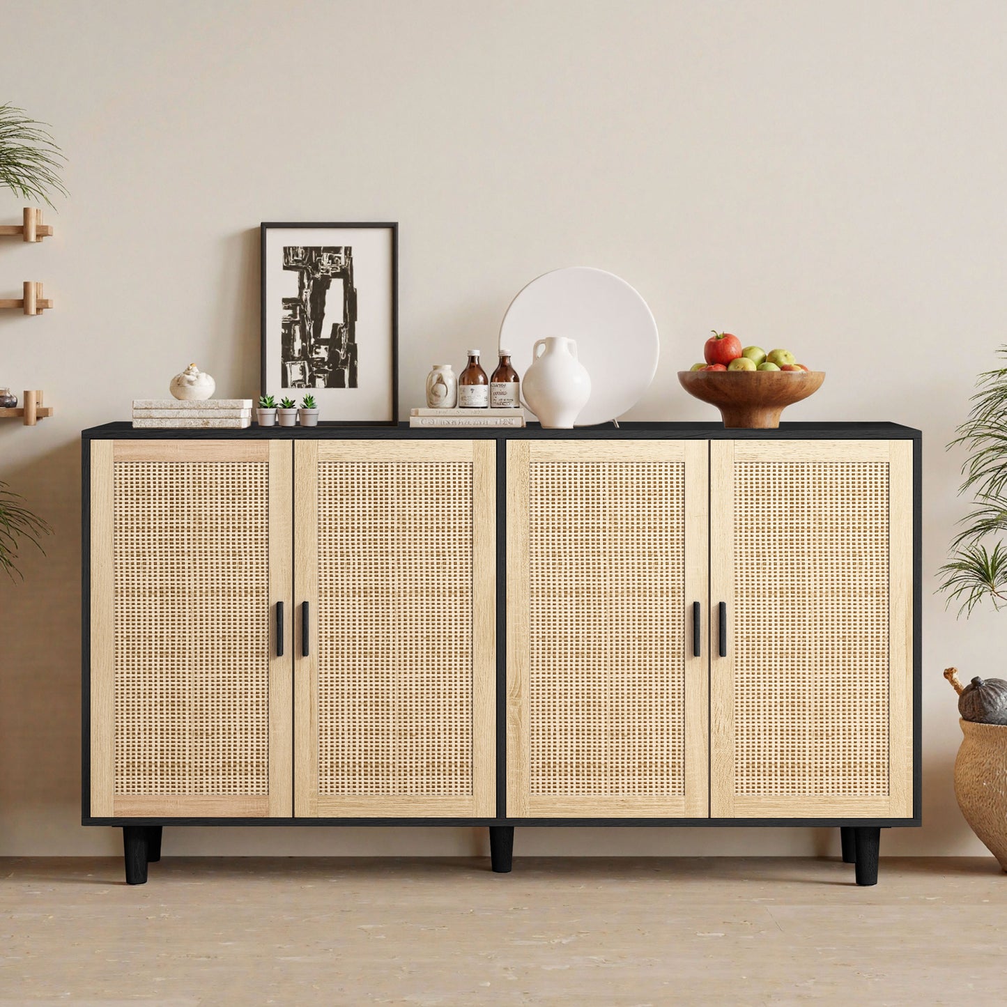 158CM Elegant and Functional 4-Door Rattan Decorative Storage Cabinet,for Bedroom,Living Room,Office,Black;158CM Eleganter und funktioneller 4-türiger Rattan Schrank für Schlafzimmer, Wohnzimmer, Büro