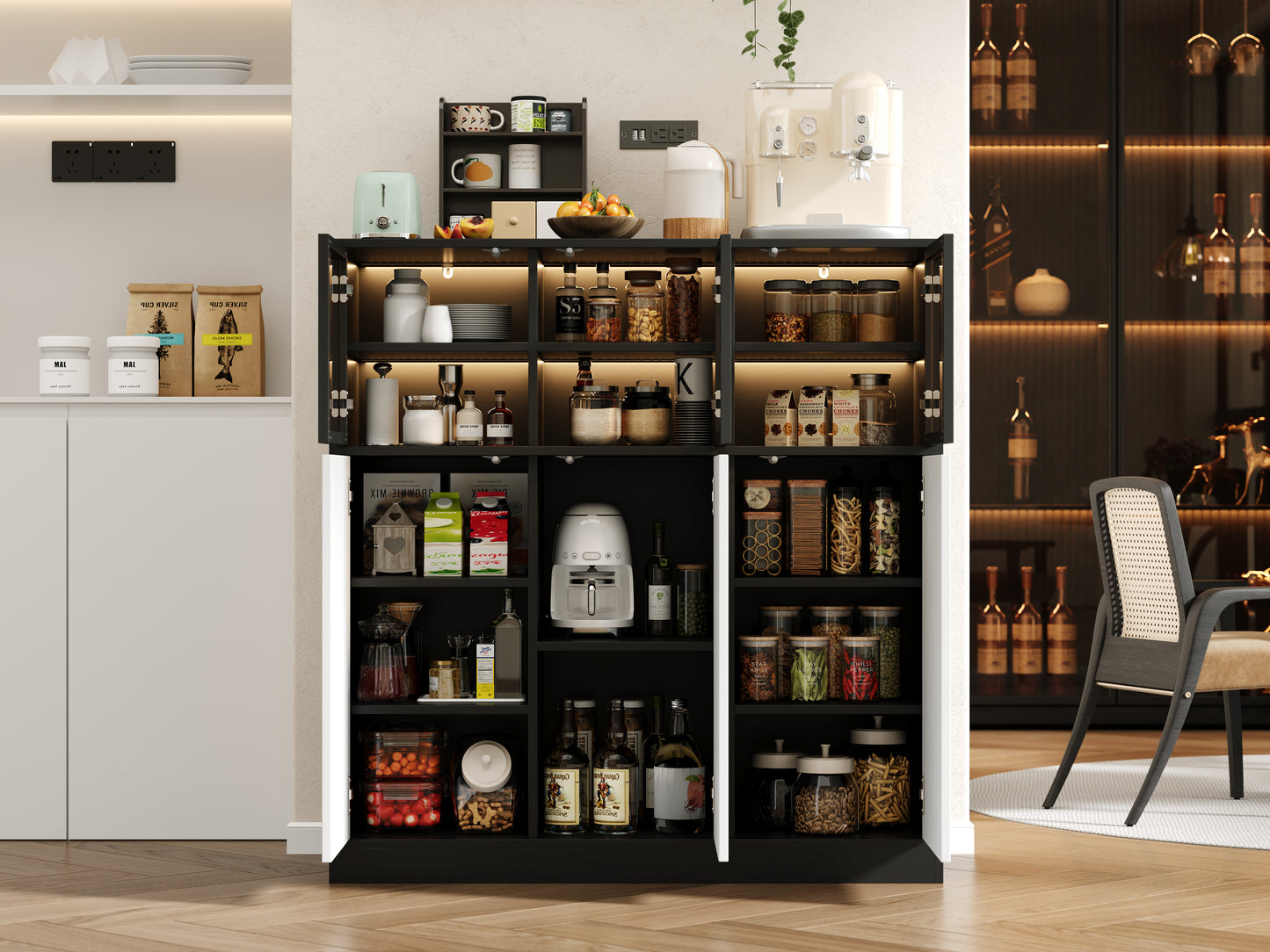 Sideboard,Küchenschrank, Aufbewahrungsschrank. Geeignet für Wohnzimmer, Küche, Esszimmer, mit Beleuchtung, 3 Glastüren, 3 weiße Türen, 100 x 40 x 105 cm, (Old Sku: N657P36865556S)
