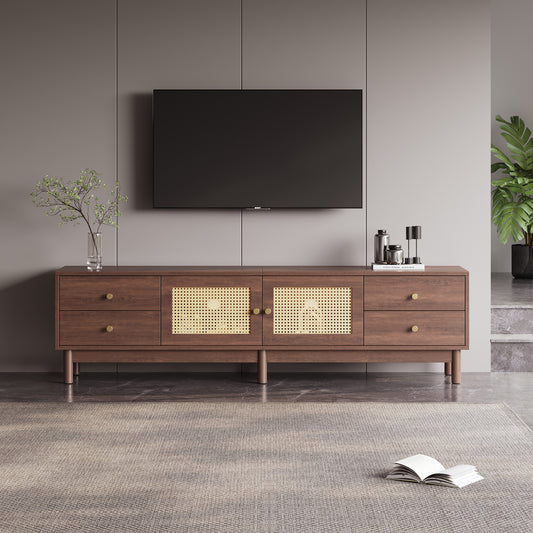 180cm langer TV-Schrank in dunkler Holzoptik mit zwei Rattantüren, vier Schubladen, Kabelmanagement und hydraulischen Scharnieren – Für Fernseher bis zu 80 Zoll geeignet