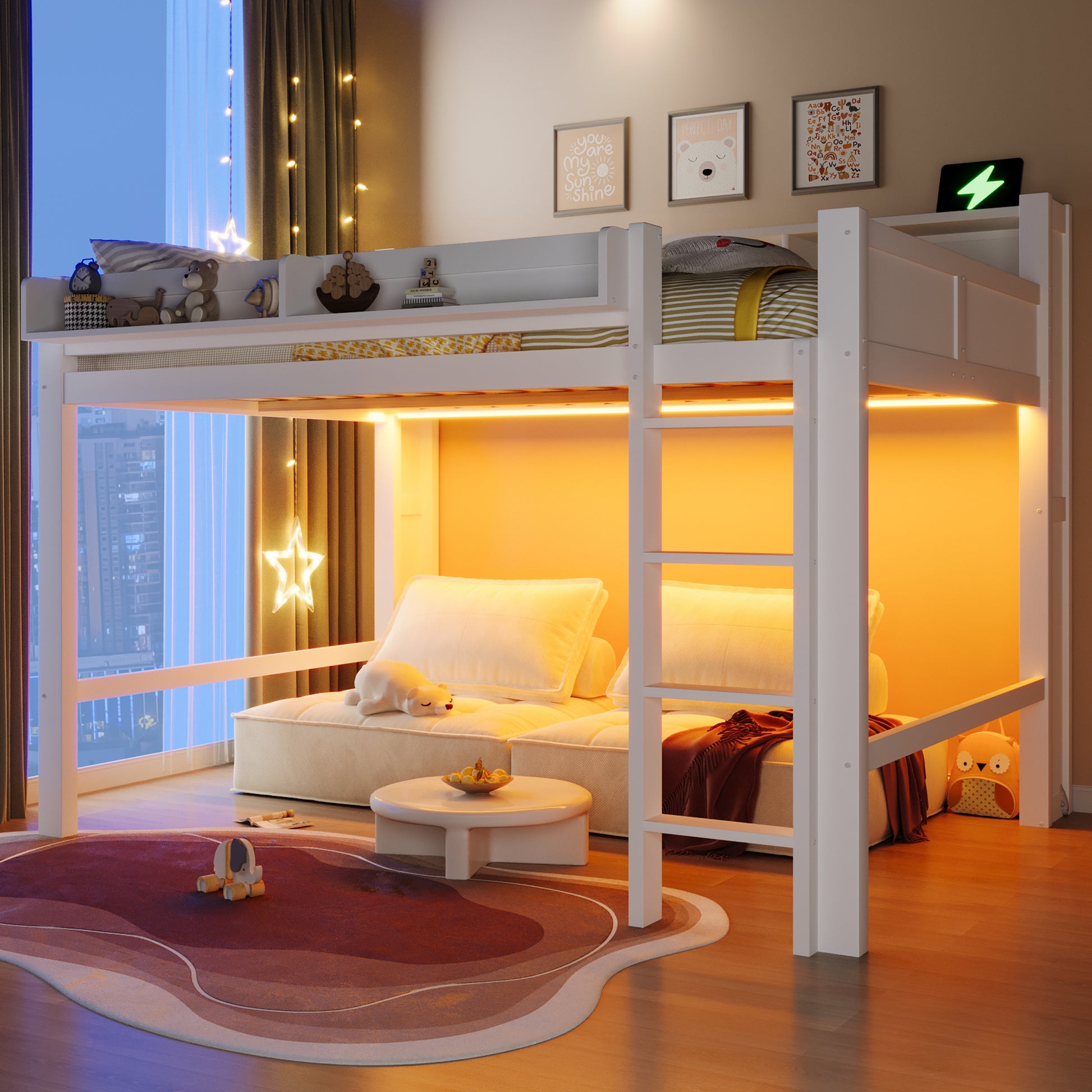 140x200 cm großes Hochbett aus Holz mit Ablagefächern, LED-Beleuchtung und USB-Anschluss, Weiß