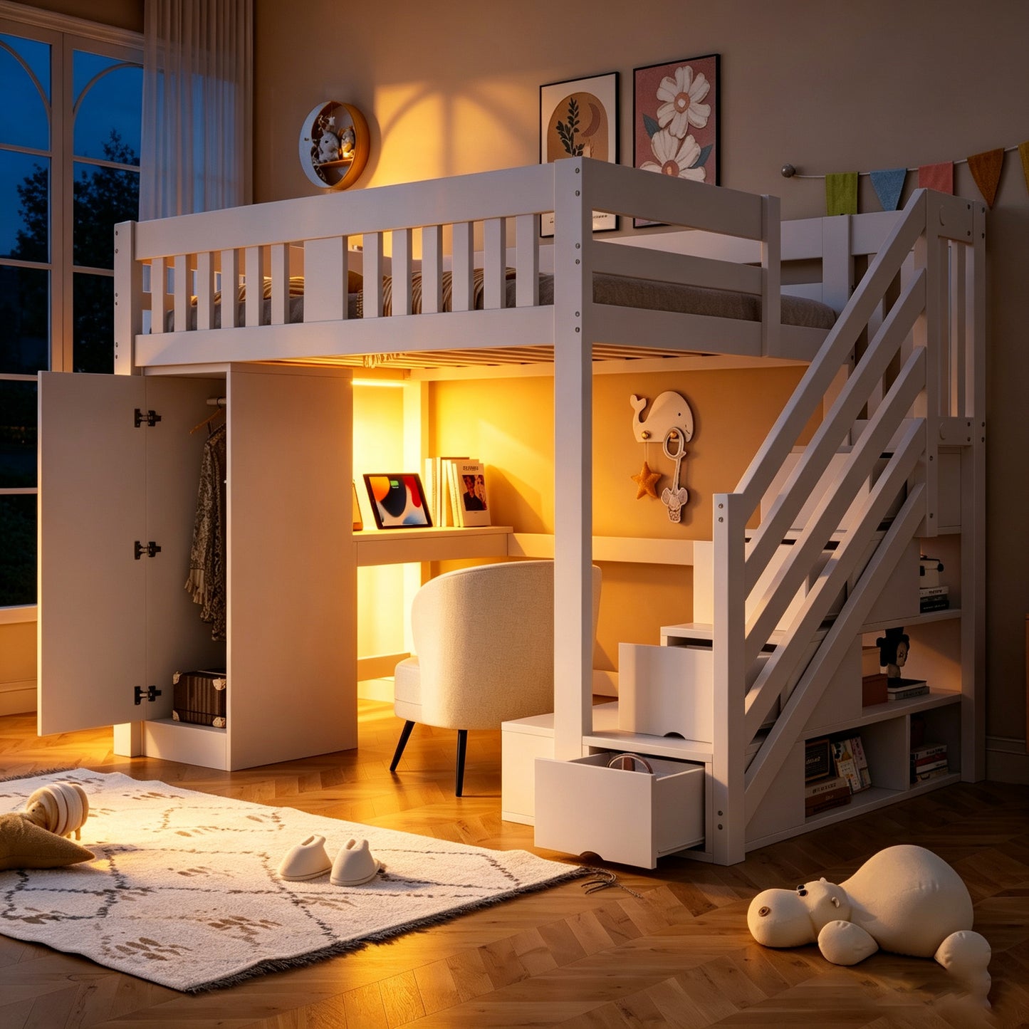 Wooden Bed, Stairs with Storage, and Desk Set