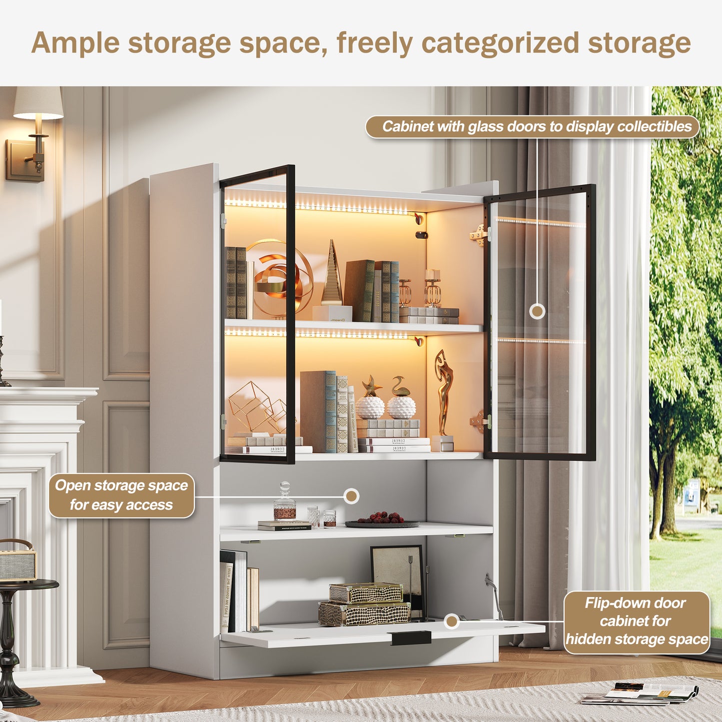 Moderne LED Vitrine Matt Höhe 120cm mit LED-Beleuchtung, Glasvitrine Standvitrine mit Beleuchtung, Wohnzimmerschrank mit Glastüren und Klapptür, Spanplatte Display Schrank,Weiß