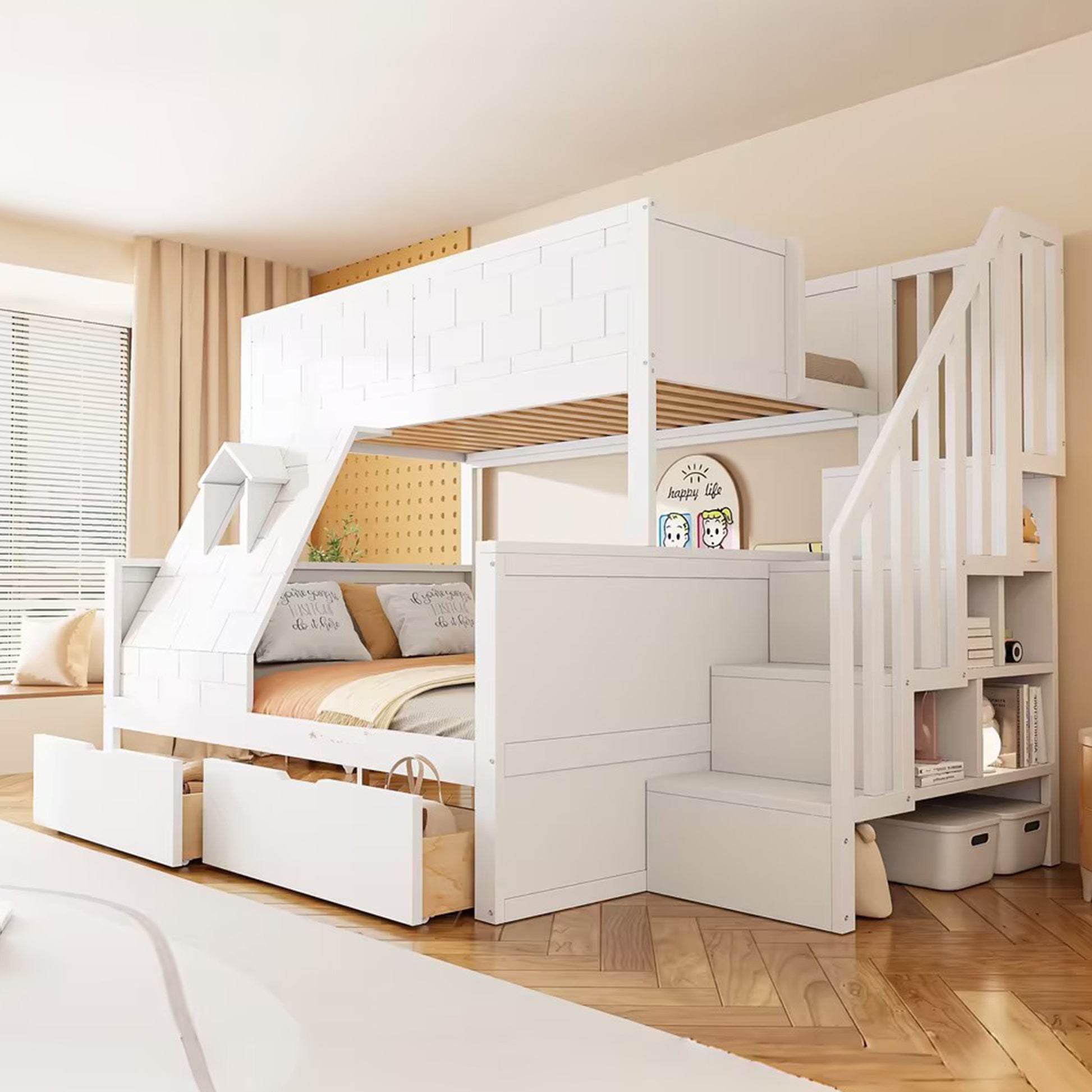 Gigab2b original image - Kinderbett, Etagenbett mit Sicherheitsleiter, Schubladen und Fenster; Oberes Bett 90 x 200, Unteres Bett 140 x 200 ; Stabiler Massivholzrahmen – Ideal für ein Kinderzimmer.