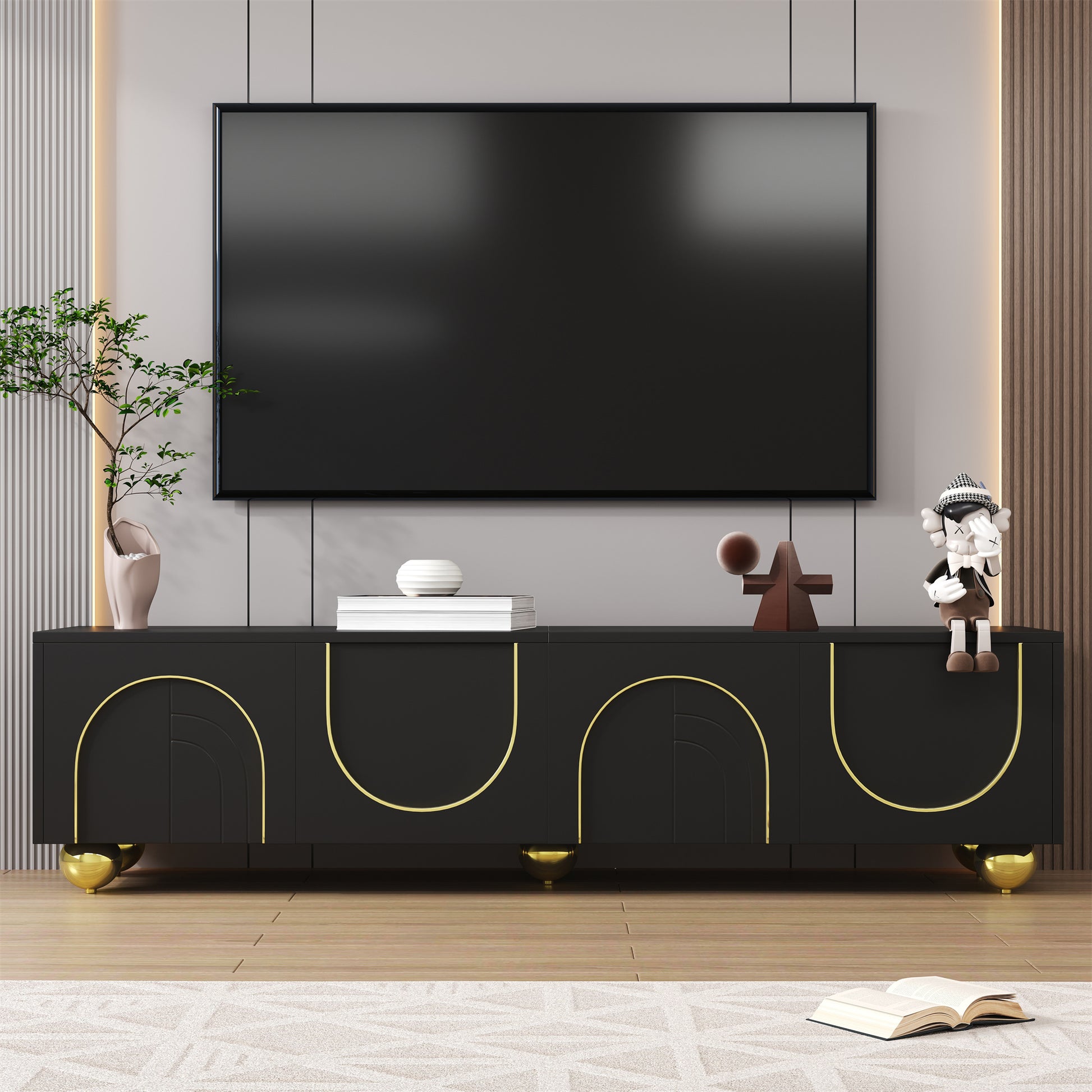 Gigab2b original image - TV-Schrank, lowboard mit strukturierten Türen, goldenen Verzierungen, goldenen runden Beinen, inklusive Einlegeböden, push-to-open