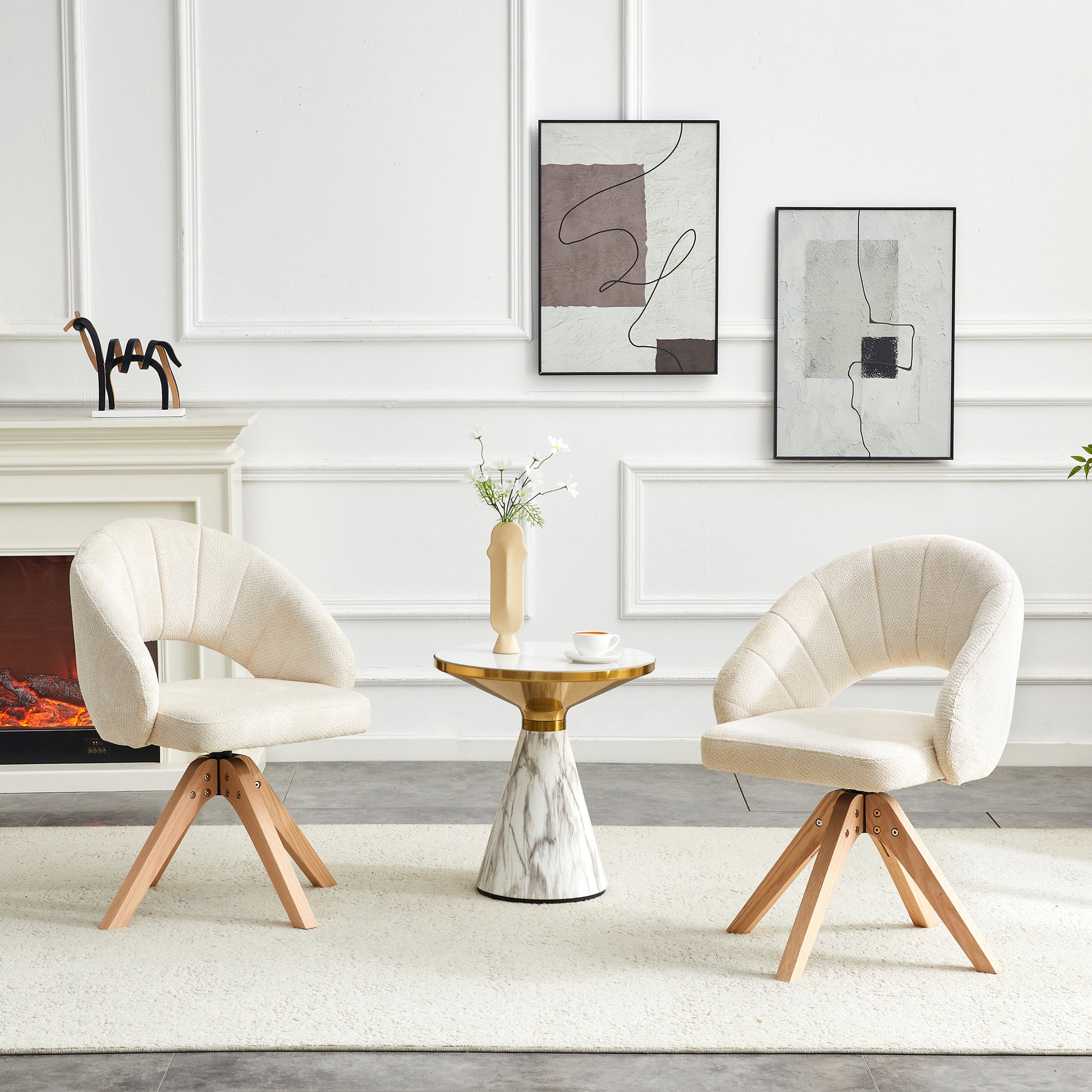 2er-Set leichter Luxury-Drehstühle im Retro-Stil. Weißer Textilstoff mit Struktur und Massivholzbeinen, 360° leise Drehfunktion. Umschließende gewölbte Rückenlehne. Geeignet für Esszimmer, Wohnzimmer.