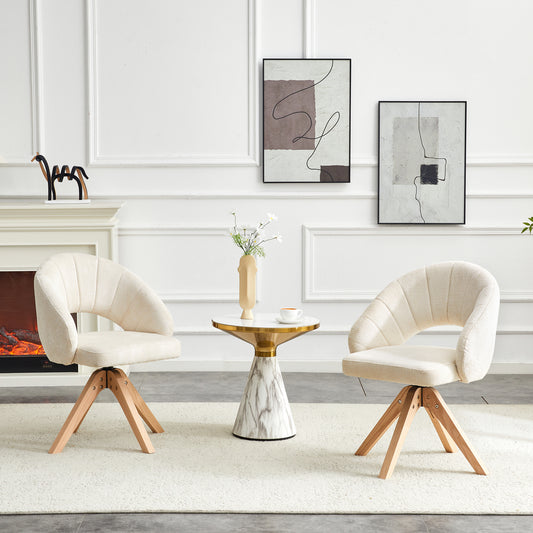 2er-Set leichter Luxury-Drehstühle im Retro-Stil. Weißer Textilstoff mit Struktur und Massivholzbeinen, 360° leise Drehfunktion. Umschließende gewölbte Rückenlehne. Geeignet für Esszimmer, Wohnzimmer.