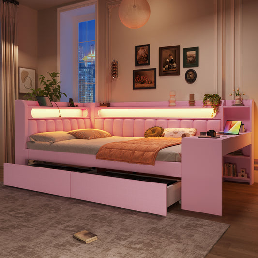 Gigab2b original image - Gepolstertes 140x200 Daybed mit USB-Anschlüssen und LED-Gürtel, mit Schreibtisch und 2 Schubladen, Rosa