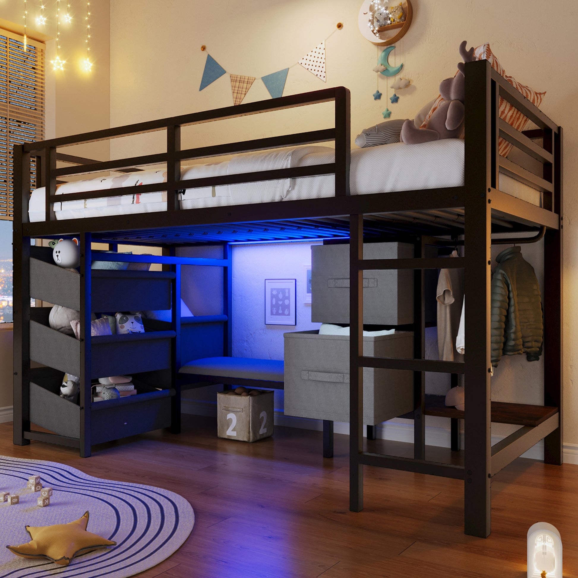 90*200 cm, Halbhohes Bett, mit Sitzkissen, Stoff-Stauraumschublade, Stoff-Stauraumtasche, mehrfarbiger LED-Beleuchtung, Kleiderhakenbereich, Metall, ohne Matratze, schwarz