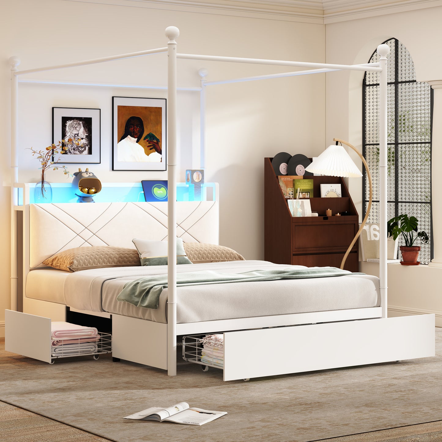 Gigab2b original image - Multifunktionales Doppelbett140 x 190,mit Stauraum und Eisenbaldachin,mit abnehmbaren Bettpfosten mit LED-Beleuchtung und USB/Type-C Ladeanschlüssen sowie drei Schubladen,Weiß