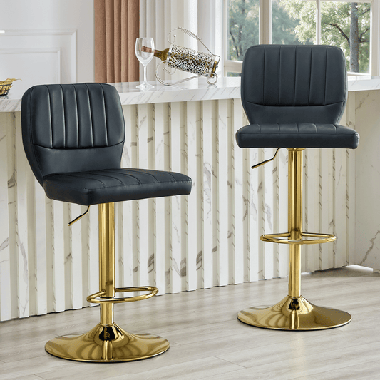 Barhocker höhenverstellbar 62-83cm, 360° drehbarer Barstuhl mit Rückenlehne & Fußstütze, Ergonomischer Küchenhocker aus schwarzem Kunstleder, belastbar bis 136kg, Gold-Chrom Finish