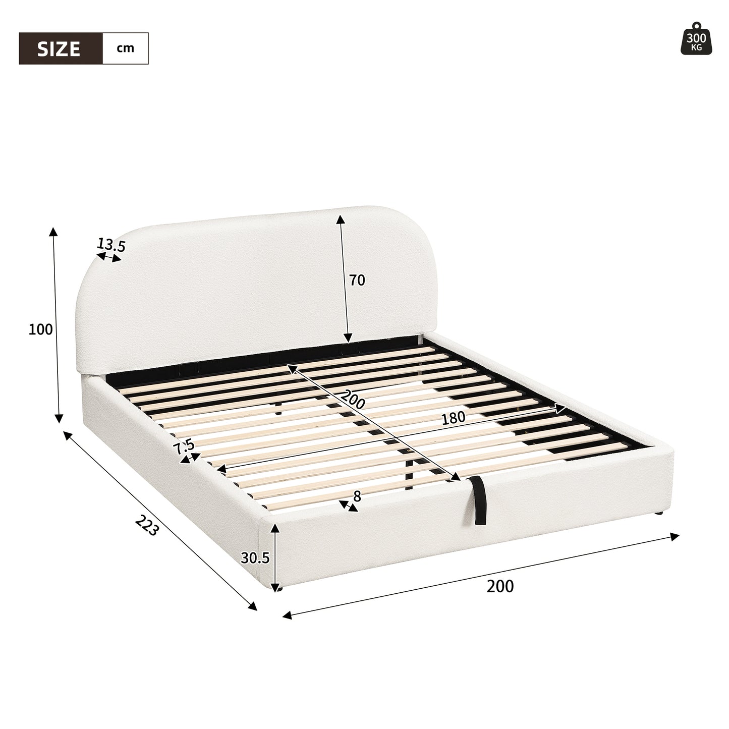 Polsterbett,Doppelbett,180 x 200cm, hydraulisches Funktionsbett,Bett mit Lattenrost, Kopfteil und großem Stauraum, gepolstertes Kopfteil, Inklusive Matratze, Beige Bouclé