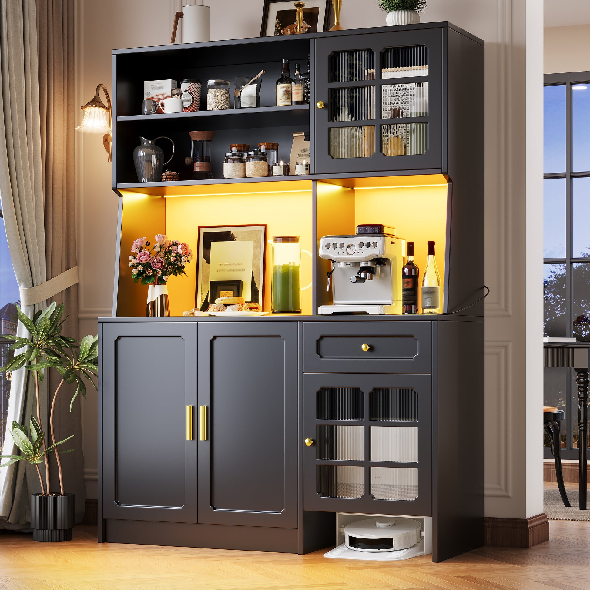 Gigab2b original image - Küchenschrank (130 x 45 x 180 cm), hoher Küchenschrank, Sideboard, Küchenschrank mit Glastüren und LED-Beleuchtung, Schwarz