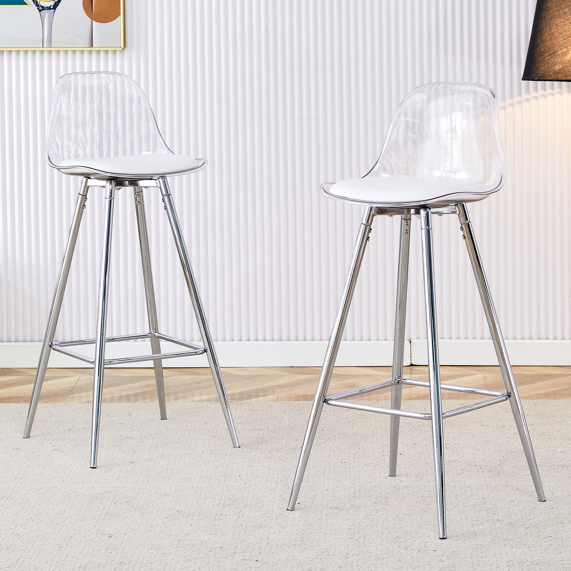 2-Teiliges Set transparente Lehnstühle mit durchscheinender Rückenlehne, silberfarbene Metallgestelle, geeignet für Wohnzimmer, Esszimmer, Theken, Inseln und Cafés