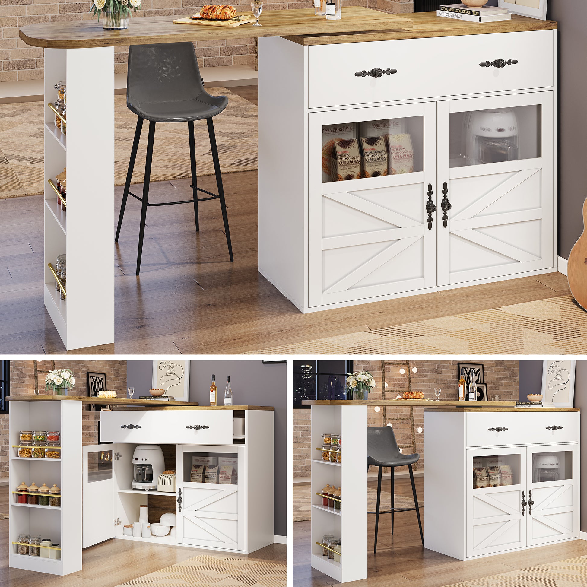 Ausziehbarer Bartisch mit Stauraum(138-204×39×104cm) , 360° drehbare Essbar,Moderner Beweglicher Bar Table,Hochtisch Kücheninsel Bistro Table, Sideboardschrank mit Regalen, weiß