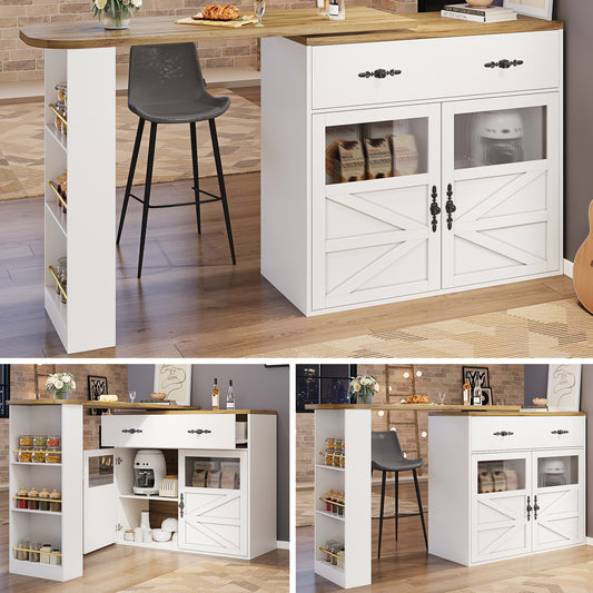Ausziehbarer Bartisch mit Stauraum(138-204×39×104cm) , 360° drehbare Essbar,Moderner Beweglicher Bar Table,Hochtisch Kücheninsel Bistro Table, Sideboardschrank mit Regalen, weiß