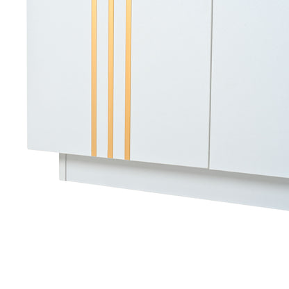 Wohnzimmer-Sideboard, Aufbewahrungsschrank mit 4 Türen, 35 x 140 x 70 cm.Design mit vergoldeten Linien,Spind mit verstellbaren Trennwänden,Kabinett,Geeignet für Wohnzimmer und Schlafzimmer,Weiß + Gold