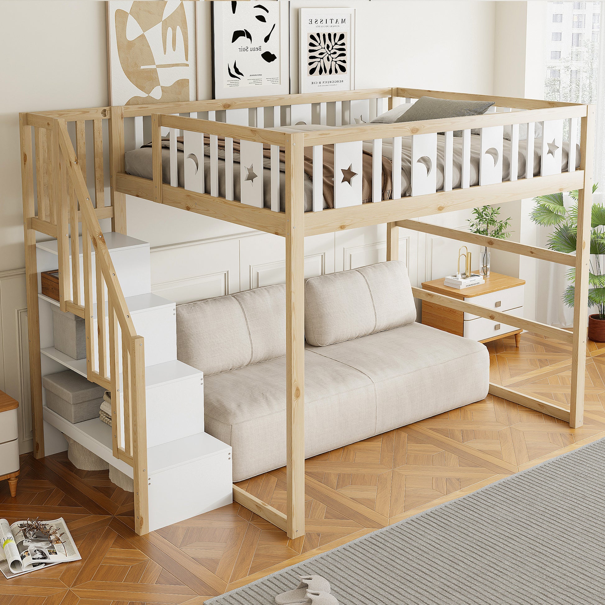 Gigab2b original image - Etagenbett für Kinder 140*200 mit Treppe ,Hochbett aus Massivholz mit Sicherheitsgeländer, Stern- und Monddekoration.