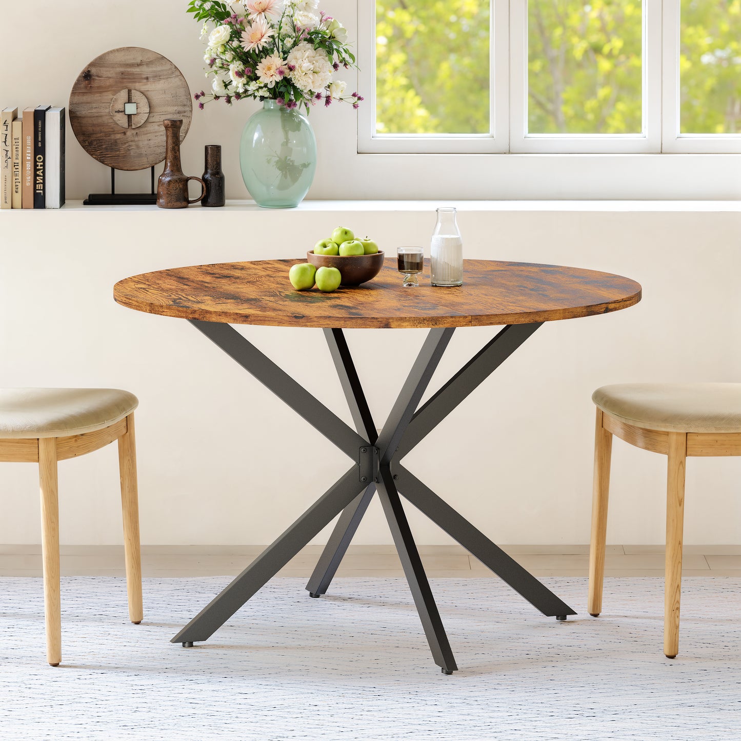 Runder Esstisch Industrialstil Ø120 cm großzügig mit X-Füßen Vintagebraun-Schwarz Küche Wohnzimmer