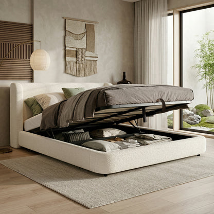 Polsterbett,Doppelbett,hydraulisches Funktionsbett,Bett mit Lattenrost, Kopfteil und  großem Stauraum, gepolstertes Kopfteil, Beige Bouclé, 180 x 200